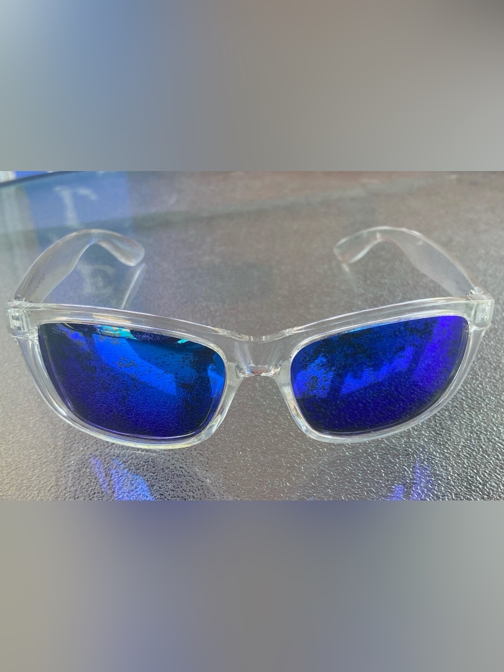 Unisex Clear Frame Sunglasses with Blue Mirrored Lenses